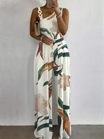 Women's Floral Print Ring Linked Asymmetrical Neck Plicated Jumpsuit, Boho Casual High Waist Wide Leg Jumpsuit for Summer, Su...