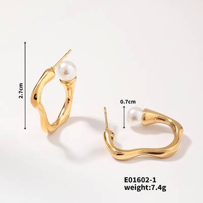 Elegant Vintage Geometric Pearl Stud Earrings Stainless Steel Wave Design