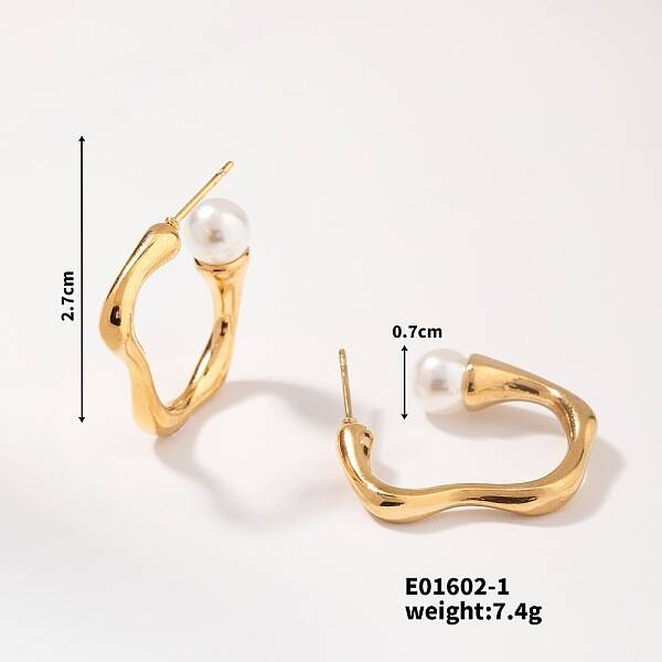 Elegant Vintage Geometric Pearl Stud Earrings Stainless Steel Wave Design