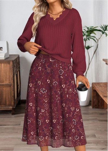 Modlily Wine Red Tummy Coverage Long Sleeve Top and Skirt - M