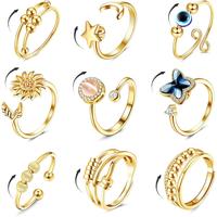 Trendy Adjustable Rotating  Fidget Rings for Women Anti-Stress and Anti-Anxiety Spinner Rings with CZ Flower Moon and Star De...