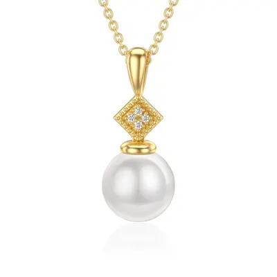 14K Gold Moissanite & Pearl Round Pendant Necklace