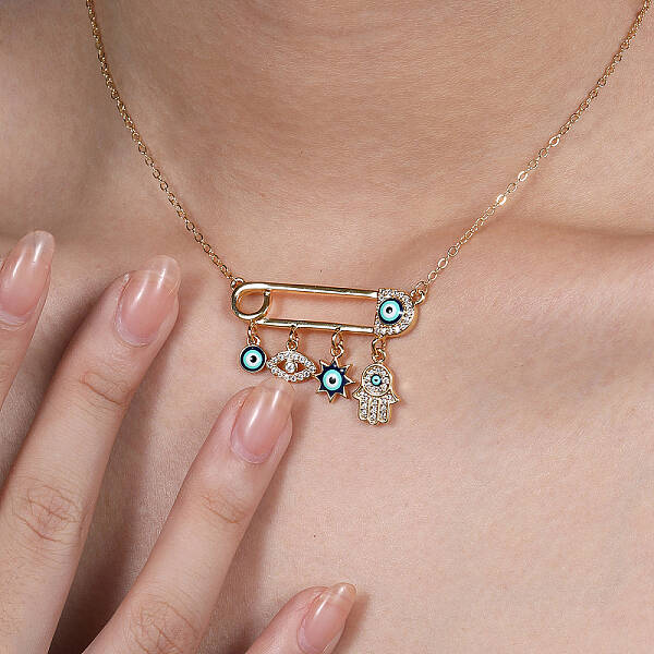 Brass Micro Pave Clear Cubic Zirconia Blue Evil Eye Safety Pin Pendant Necklaces for Women