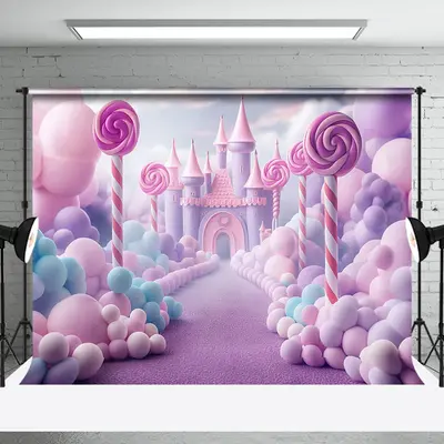 Aperturee Castle Candyland Pink Balloons Cake Smash Backdrop - Aperturee