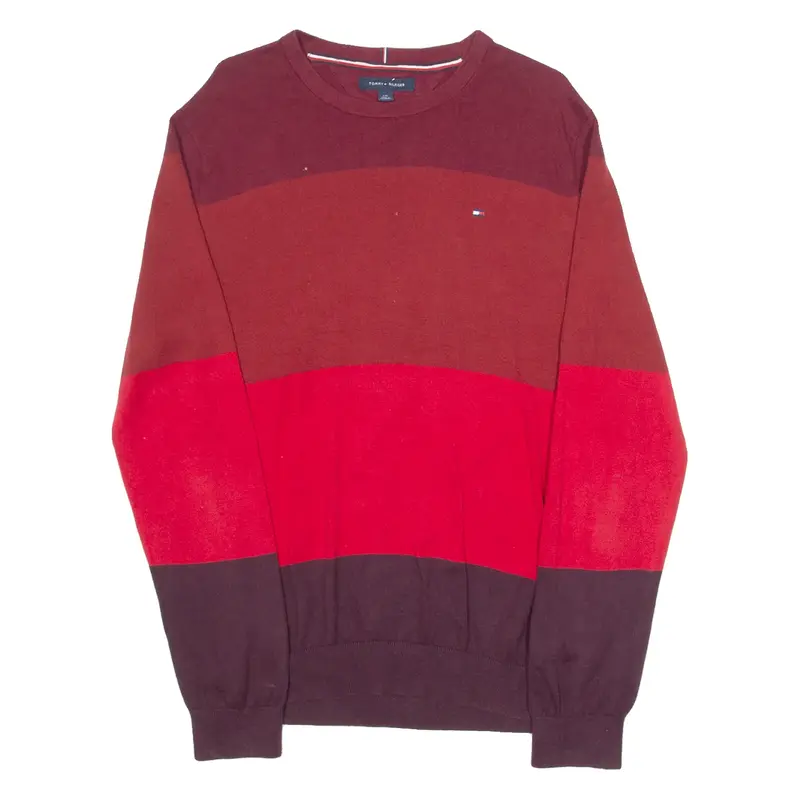 TOMMY HILFIGER Mens Patterned Jumper Maroon Striped Tight Knit L