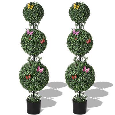 Garvee 4ft Artificial Triple Ball Topiary Trees with Pot, Topiary Trees Artificial Outdoor with Moss, Vine, Insect Decor, All...