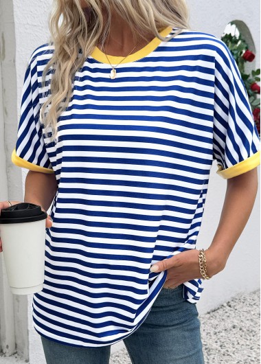 Modlily Blue Striped Short Sleeve Round Neck T Shirt - XL
