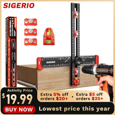 Sigerio 4 in 1 Adjutable 4 in 1 Drilling Positioning Ruler Tool, 14in T Square Ruler, Aluminum Alloy Cabinet Hardware Jig Too...