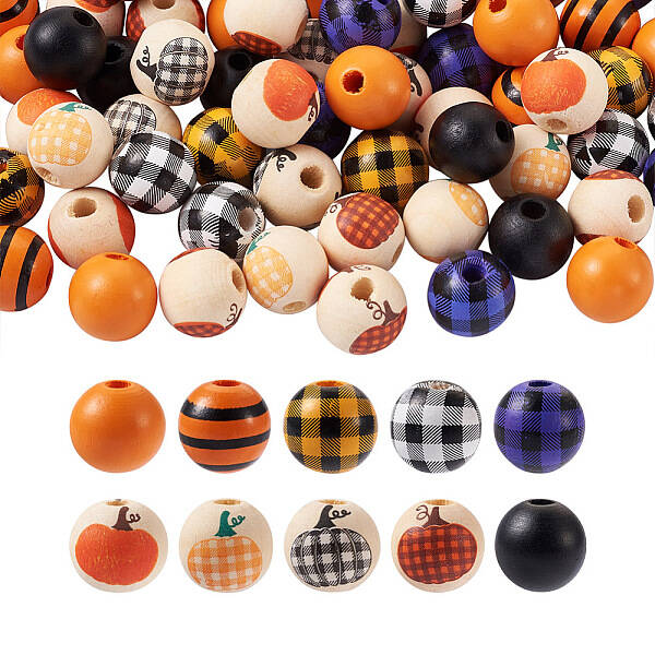 100Pcs 10 styles Halloween Themed Natural Wooden Beads