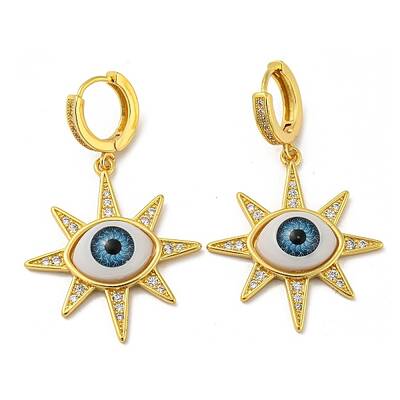 Sun with Eye Real 18K Gold Plated Brass Dangle Hoop Earrings