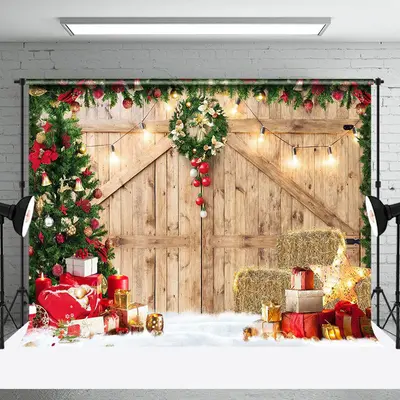 Aperturee Light Brown Wood Door Christmas Vibe Photo Backdrop - Aperturee
