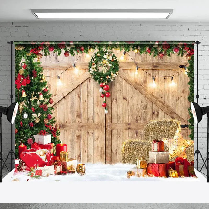 Aperturee Light Brown Wood Door Christmas Vibe Photo Backdrop - Aperturee