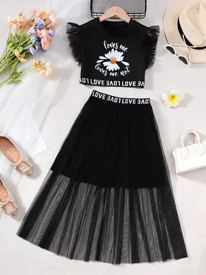 Girl's Floral Print Ruffle Trim Crop Tee & Letter Tape Mesh Skirt Two-piece Set, Casual Butterfly Sleeve Round Neck Top & Hig...