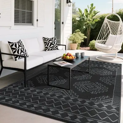 Garvee Outdoor Black & Grey 8x10 Large Outdoor Rug Waterproof Plastic Straw Rug Reversible Geometric Design Foldable Portable...