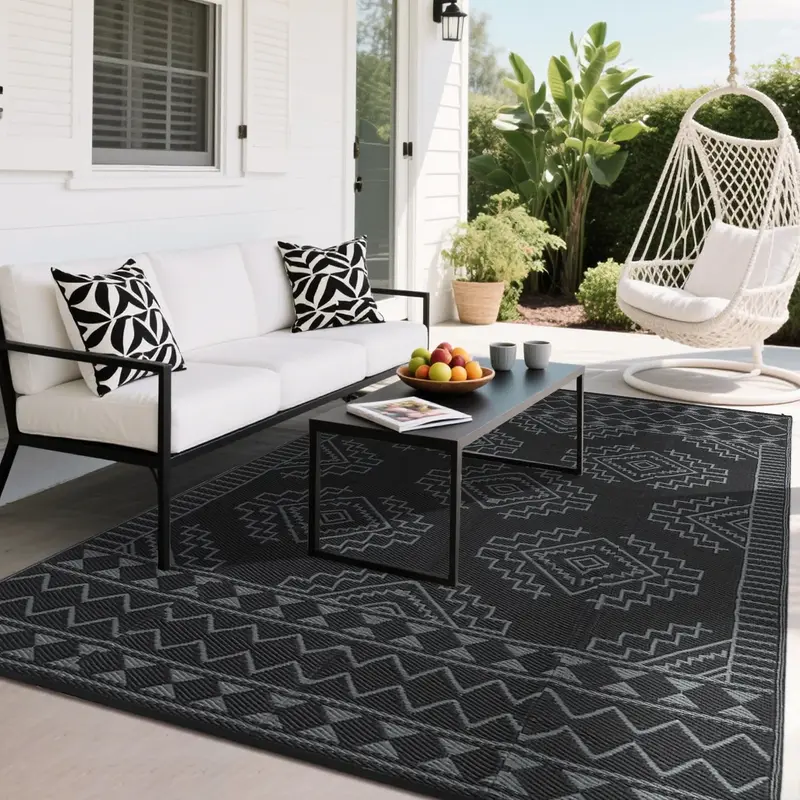 Garvee Outdoor Black & Grey 8x10 Large Outdoor Rug Waterproof Plastic Straw Rug Reversible Geometric Design Foldable Portable...