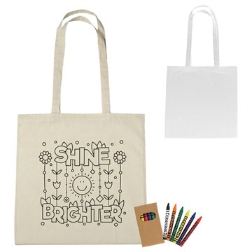 100 Promotional 100% 4 oz. Cotton Coloring Tote Bag With Crayons - ...