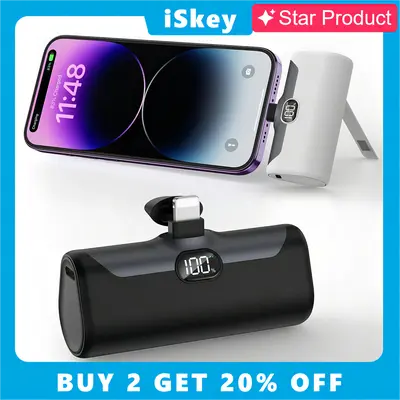 iSkey Portable Charger Power Bank with Phone Stand & Selfie Light, 5000mAh MFi Certified, Small Portable Charger Compact Cord...