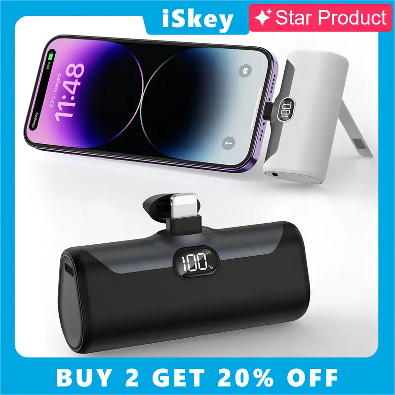 iSkey Portable Charger Power Bank with Phone Stand & Selfie Light, 5000mAh MFi Certified, Small Portable Charger Compact Cord...