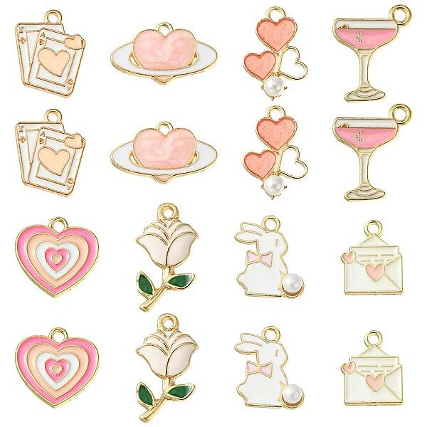 16Pcs 8 Styles Valentine's Day Alloy Enamel Pendants