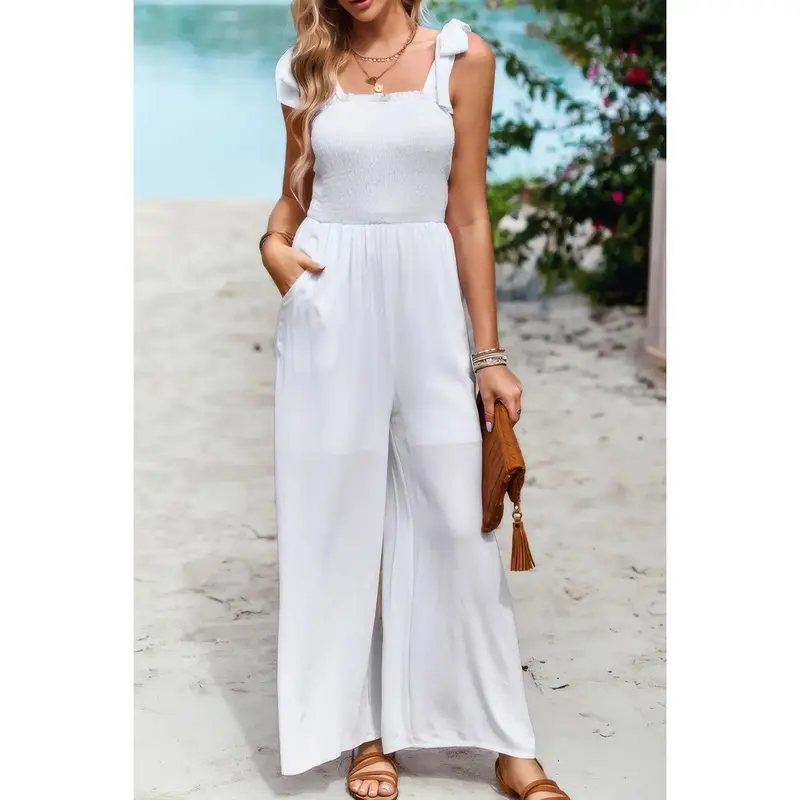 Knot Soild Ruched High Waist Pockets Jumpsuit