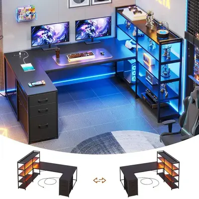 Sikaic 64.5 inches Reversible L Shaped Desk with Storage Shelves U Shaped Gaming Desk with 3 Drawers Power Outlet & LED Strip...