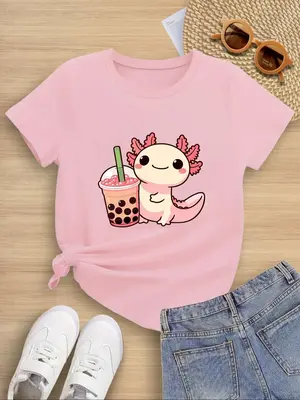 Cute Cartoon Lobster Print Round Neck Tee, Fashion Casual Short Sleeve T-shirt for Daily Outdoor Wear, Kids Clothing for Summ...