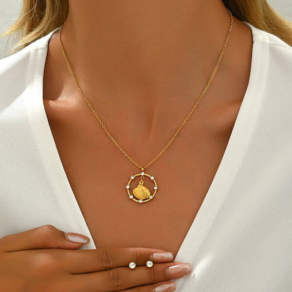 Stainless Steel Rhinestone Shell Necklace and Stud Earrings Set for Women