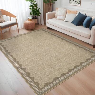 Garvee Modern Jute 6x9 Scalloped Washable Area Rugs, Non-Slip Low Pile Polyester Durable Stain-Resistant Machine Washable Liv...