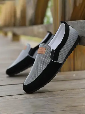Men's Letters Patched Slip-on Flats, Casual Comfortable Non-slip Breathable Flat Shoes, Business Style Loafers, Boy Walking S...