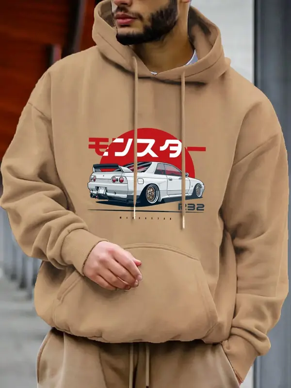 Unisex Men's Car Print Long Sleeve Drop Shoulder Hoodie, Regular Fit Fashion Casual Drawstring Pocket Hooded Pullover Tops fo...