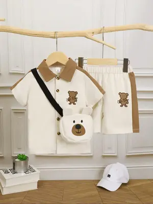 Toddler Boy's Bear Patchwork Print Outfits Set, Shortsleeve Button Front Collared Shirt & Elastic Waist Shorts & Bear Design ...