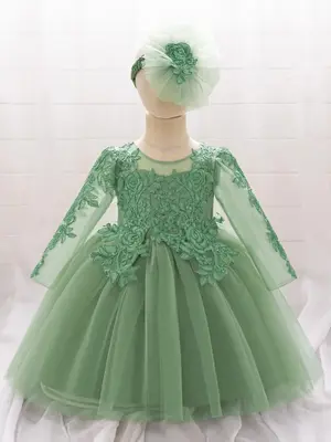 Girl's Floral Lace Embroidery Contrast Mesh Fit & Flare Dress & Flower Appliques Hairband Set, Elegant Long Sleeve Round Neck...