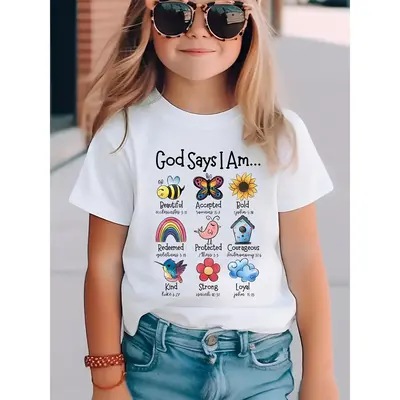 Summer Tshirt |   God Says I Am Inspirational Cotton T-Shirt for Girls - Casual Crew Neck, Short Sleeve Pullover with Posit...