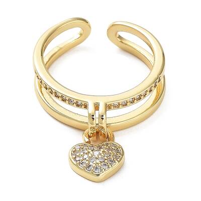 Cubic Zirconia Heart Charms Open Cuff Rings