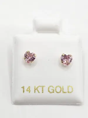14K Gold Earrings - Pink Heart Design Sparkling Gemstone Studs in Elegant Gold Finish