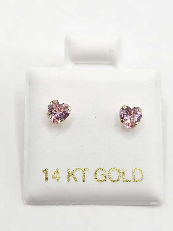 14K Gold Earrings - Pink Heart Design Sparkling Gemstone Studs in Elegant Gold Finish