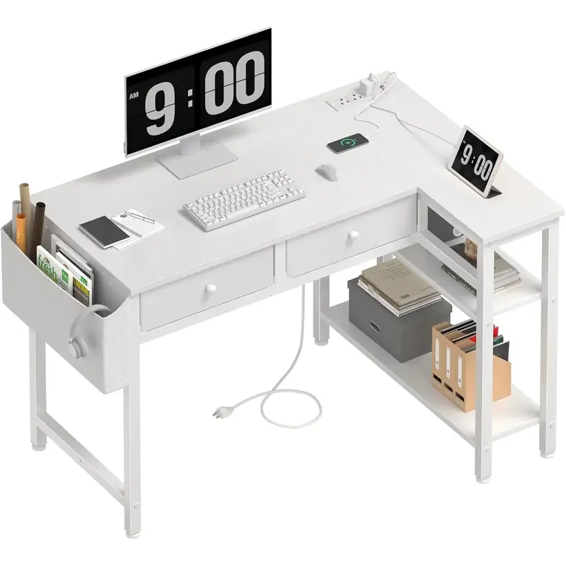 White L Shaped Desk with Drawers & Storage Shelves, 40 Inch Small Corner Desk with Power Outlet for Small Space Home Office, ...