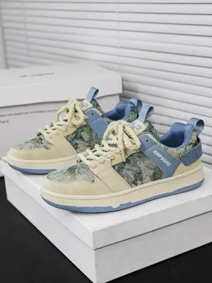 Men's Forest Oil Painting Design Low Top Platform Casual Shoes, Trendy Colorblock Letter Patchwork Bootlace Worm Lace Up Spor...