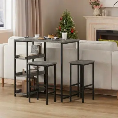Garvee Bar Table Chair Set with 2 Bar Stools and Industrial Iron Frame Wood Top, Storage Shelf for Apartments & Studios, Gre...
