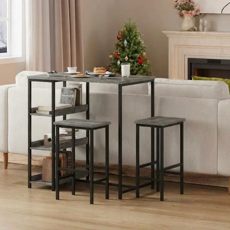 Garvee Bar Table Chair Set with 2 Bar Stools and Industrial Iron Frame  Wood Top, Storage Shelf for Apartments & Studios, Gre...