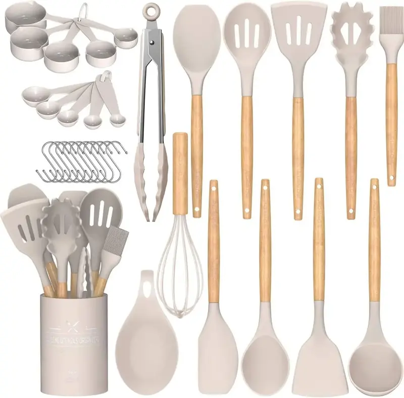 LIMITLESS 33-Pcs Silicone Kitchen Utensils Set with Wooden Handles, BPA-Free, Nonstick Spatula, Serving Spoons, and Storage H...