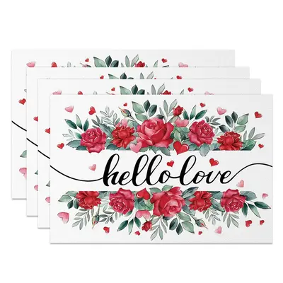 Aperturee Green Leaves Red Rose Hello Love Set Of 4 Placemats, 14x12 Inch, 15.8 USD, NYLX00556-S, placemats