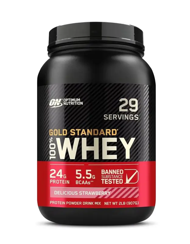 Optimum Nutrition Gold Standard 100% Whey Protein 2 lbs - 24g Protein 5.5g BCAAs Strawberry Flavor for Muscle Health & Fitnes...