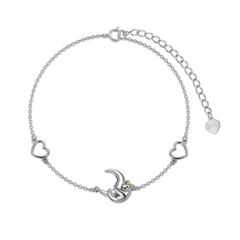 Sterling Silver Two-Tone Sloth & Heart With Moon Charm Bracelet For Women