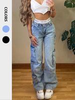 Women's Plain High Waist Straight Leg Denim Pants, Casual Fashion Denim Pocket Design Cargo Trousers for Daily Wear, Jeans, L...