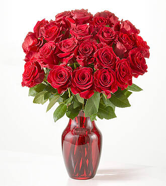 Red Rose Bouquet - 24 Roses with Red Vase - FedEx