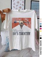 Women's Bull Head Print Round Neck Tee, Vintage Trendy Casual Short Sleeve Graphic T-shirt for Daily Wear, Ladies Summer Outf...