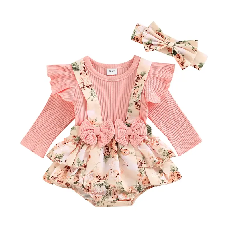 Baby Girls  Fall Outfits, Long Sleeve Romper Floral Suspender Dress + Headband Set