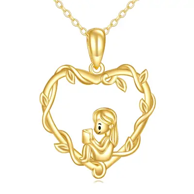 14K Gold Heart & Reading Girl Pendant Necklace