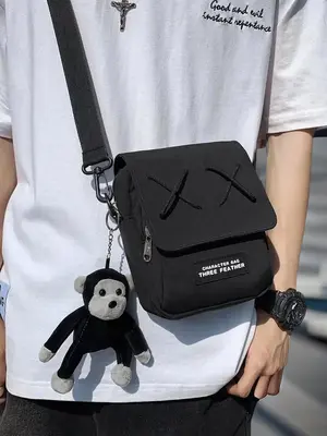 Men's Street Crossbody Bag, Letter Patched Cross Detail Shoulder Bag with Monkey Bag Charm, Multifunctional Mini Designer Sum...